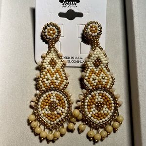NWT! Gold and White Chandelier Beaded Earrings!